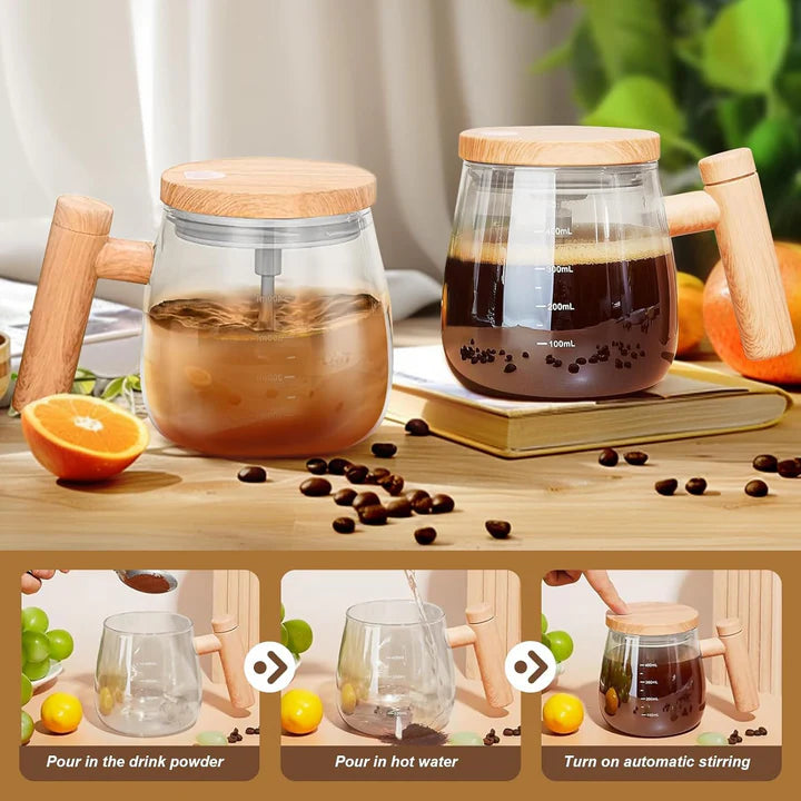 Self Mixing Glass Cup with Lid & Handle
