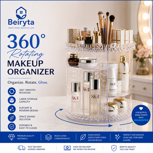360° Rotating Makeup Organizer with large storage compartments for cosmetics, skincare, perfumes and beauty accessories.