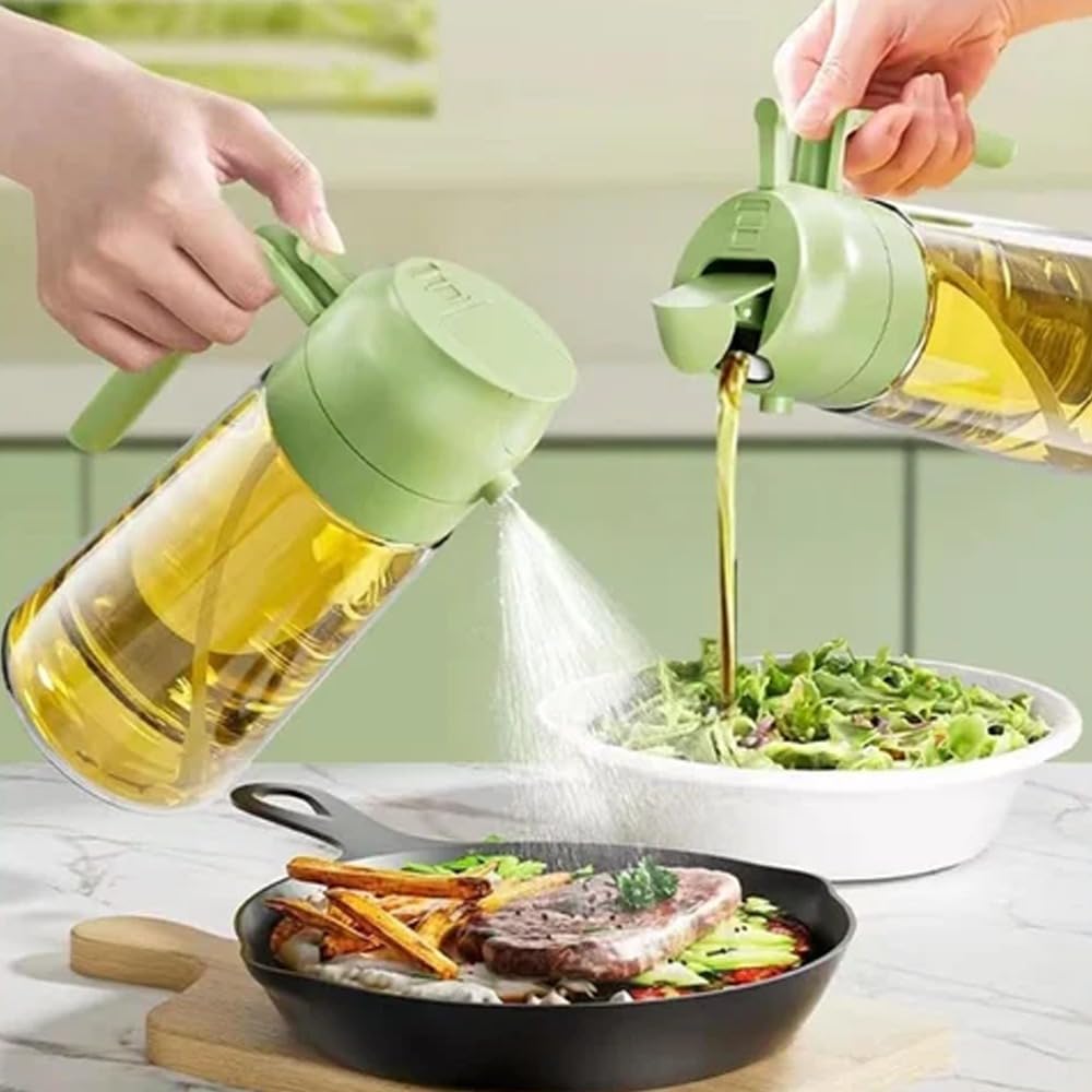 Two hands pour oil from light green squeeze-style oil bottles into a salad bowl and a skillet with steak and fries, in a bright kitchen setting.