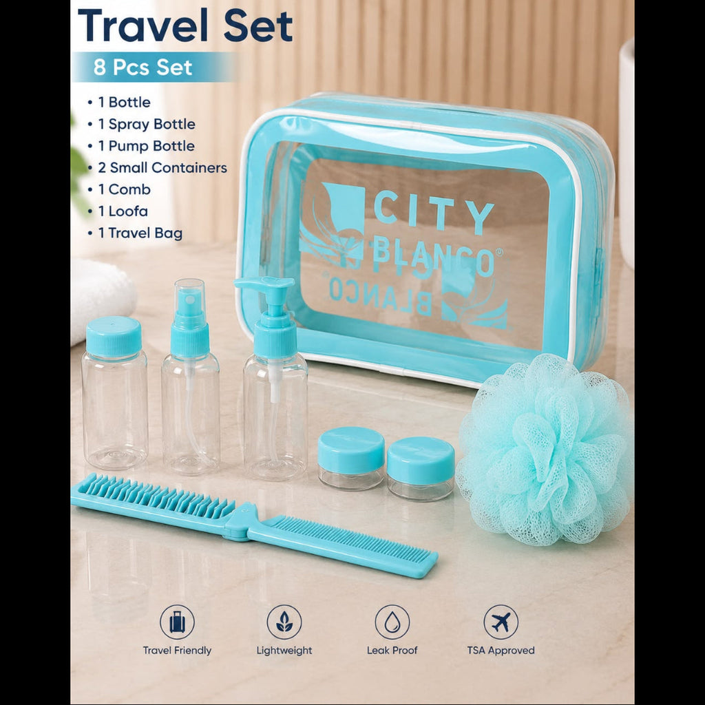 A turquoise and clear City of Blanco travel set with 8 pieces, including a toiletry bag, pump bottle, spray bottle, small containers, comb, and loofa, displayed on a light marble surface with a wooden background.