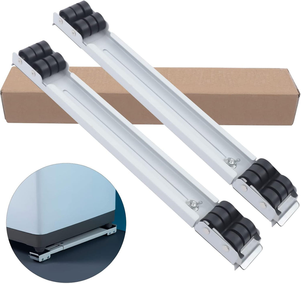 Two long white metal drawer slides with black caster wheels, shown on a white background with a brown cardboard box behind them and a circular inset showing the product installed under a drawer.