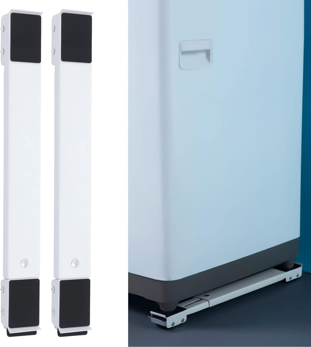 Two white and black magnetic guide rails shown alongside a close-up of a light blue appliance base fitted with the rails on a metal slider.