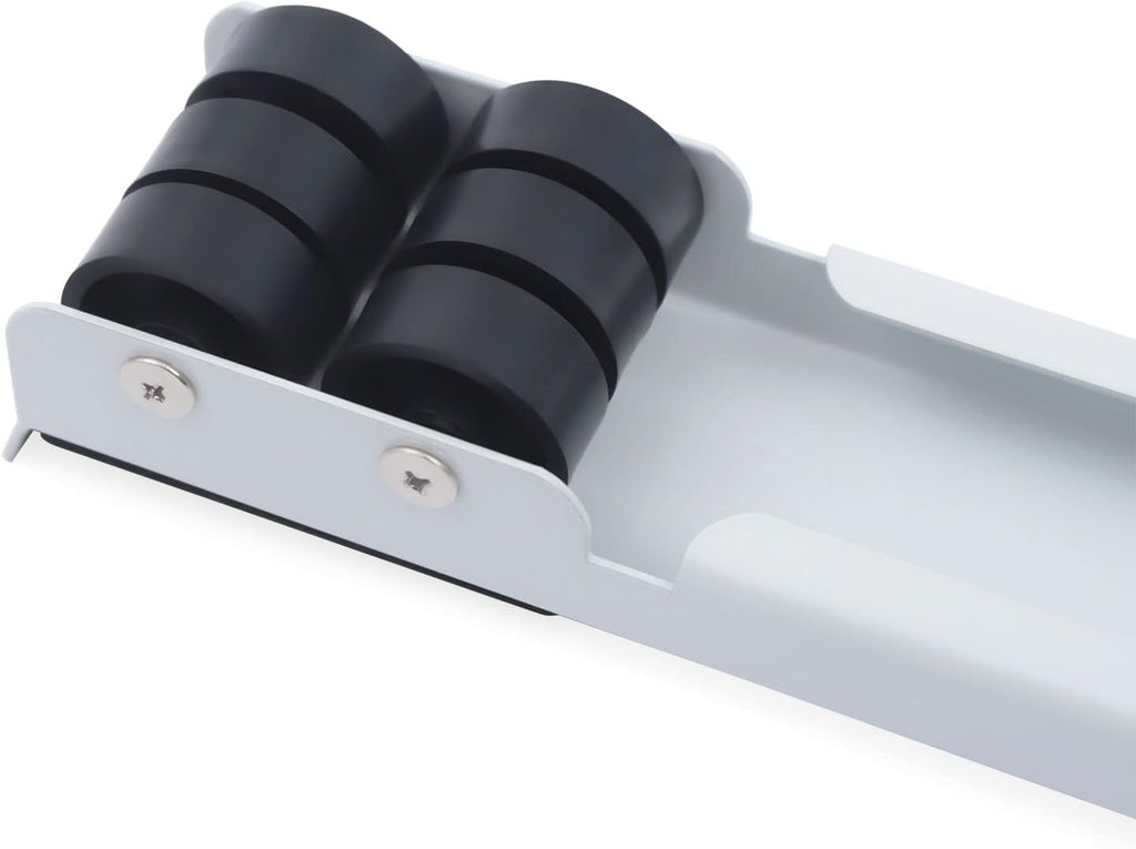 A close-up of a white metal roller guide or track component with two black cylindrical rollers secured by silver screws, shown on a plain white background.