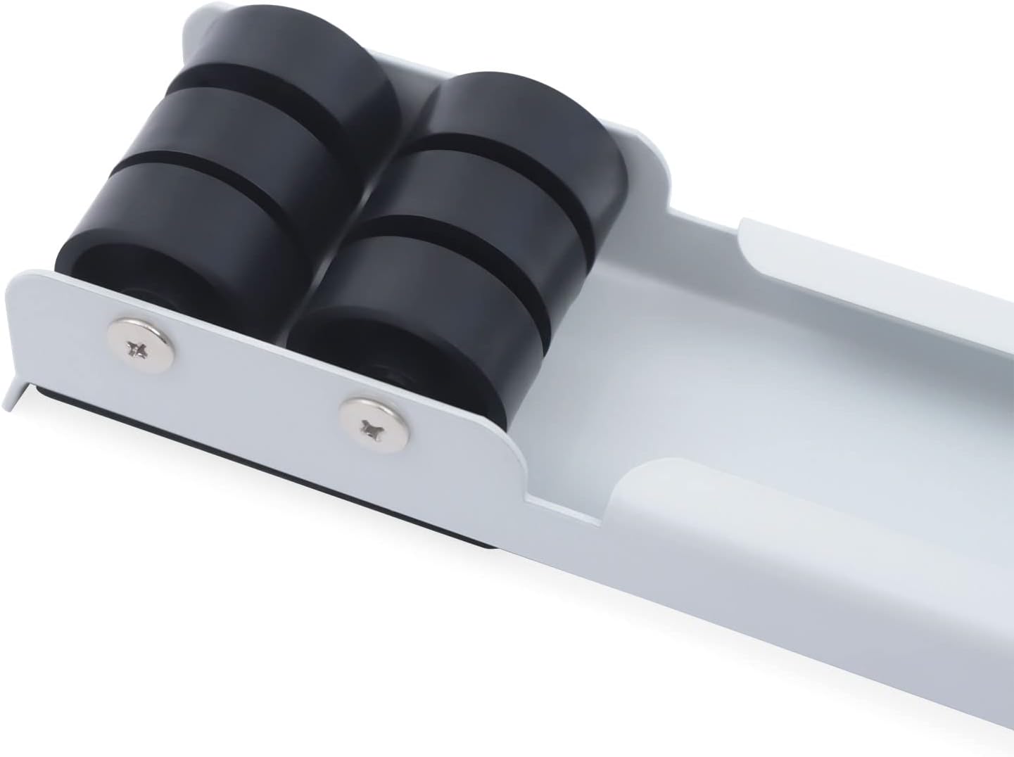A close-up of a white metal roller guide or track component with two black cylindrical rollers secured by silver screws, shown on a plain white background.