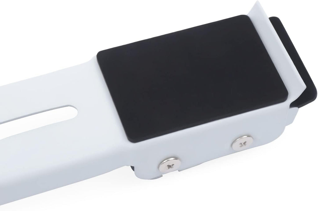 A close-up of a white plastic mounting bracket with a black rectangular panel secured by two silver screws, shown on a plain white background.