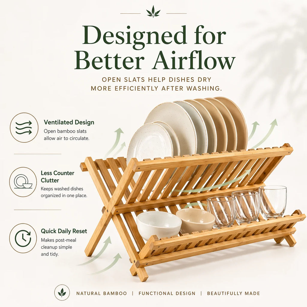 A bamboo dish drying rack with plates, bowls, and glasses, shown with marketing text and icons explaining its ventilated design, reduced counter clutter, and quick daily reset.