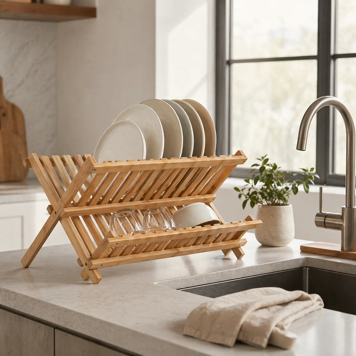 Wooden dish rack with plates and glasses on a kitchen counter.