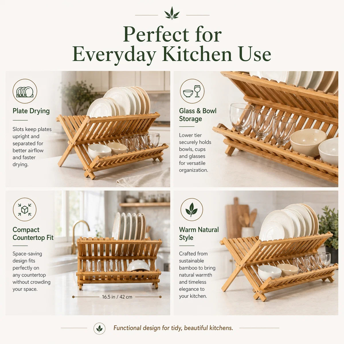 Bamboo dish rack with features highlighted on a white background