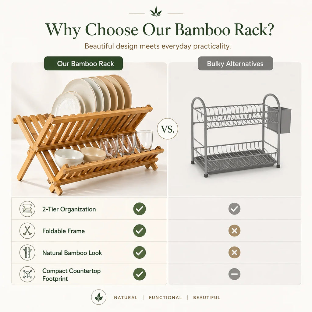 A promotional comparison graphic for a bamboo dish rack. The left side shows the bamboo rack holding plates, bowls, and glasses, with the headline 'Our Bamboo Rack.