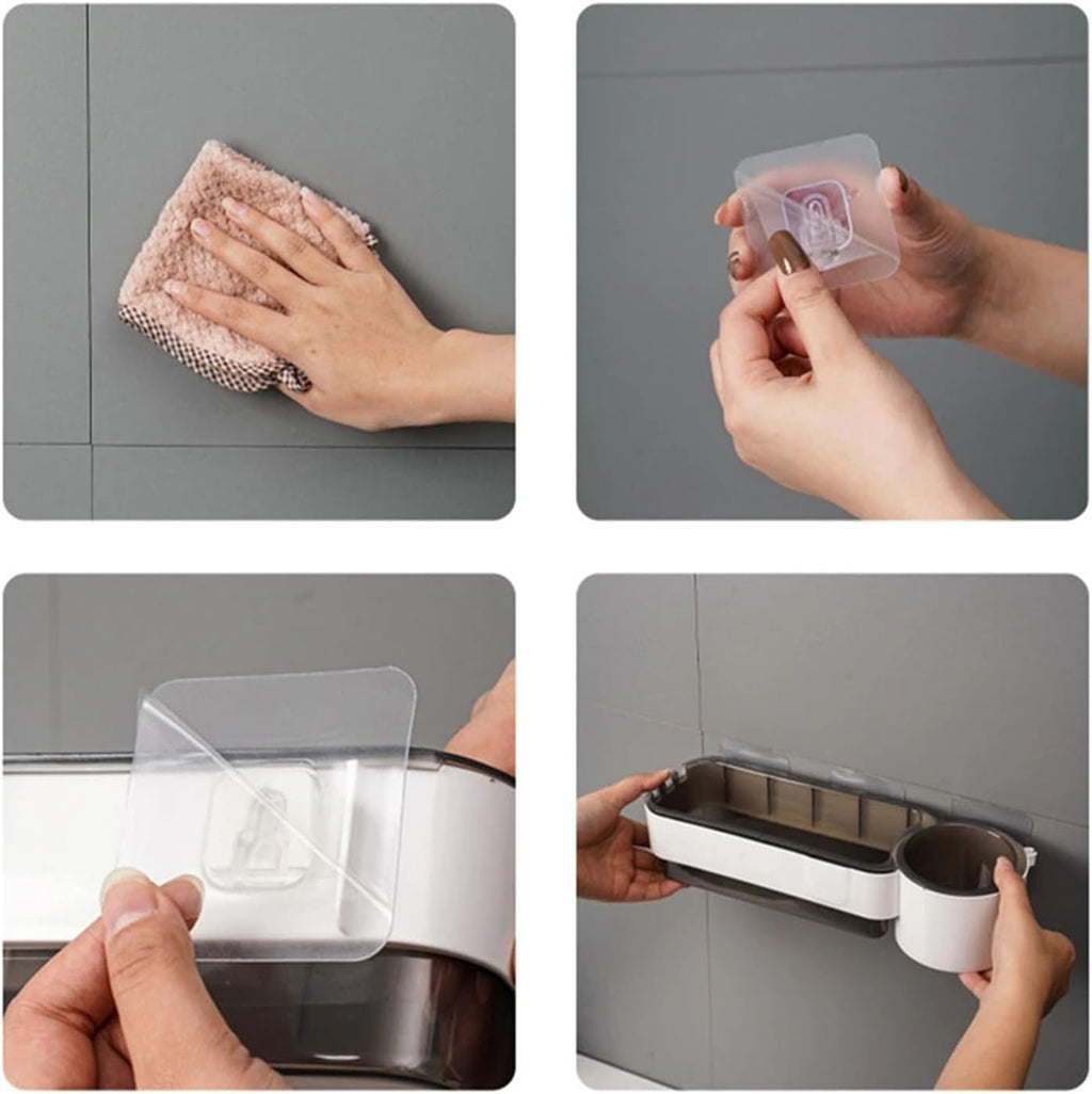 Step-by-step process of using a kitchen cleaning tool on a gray surface.