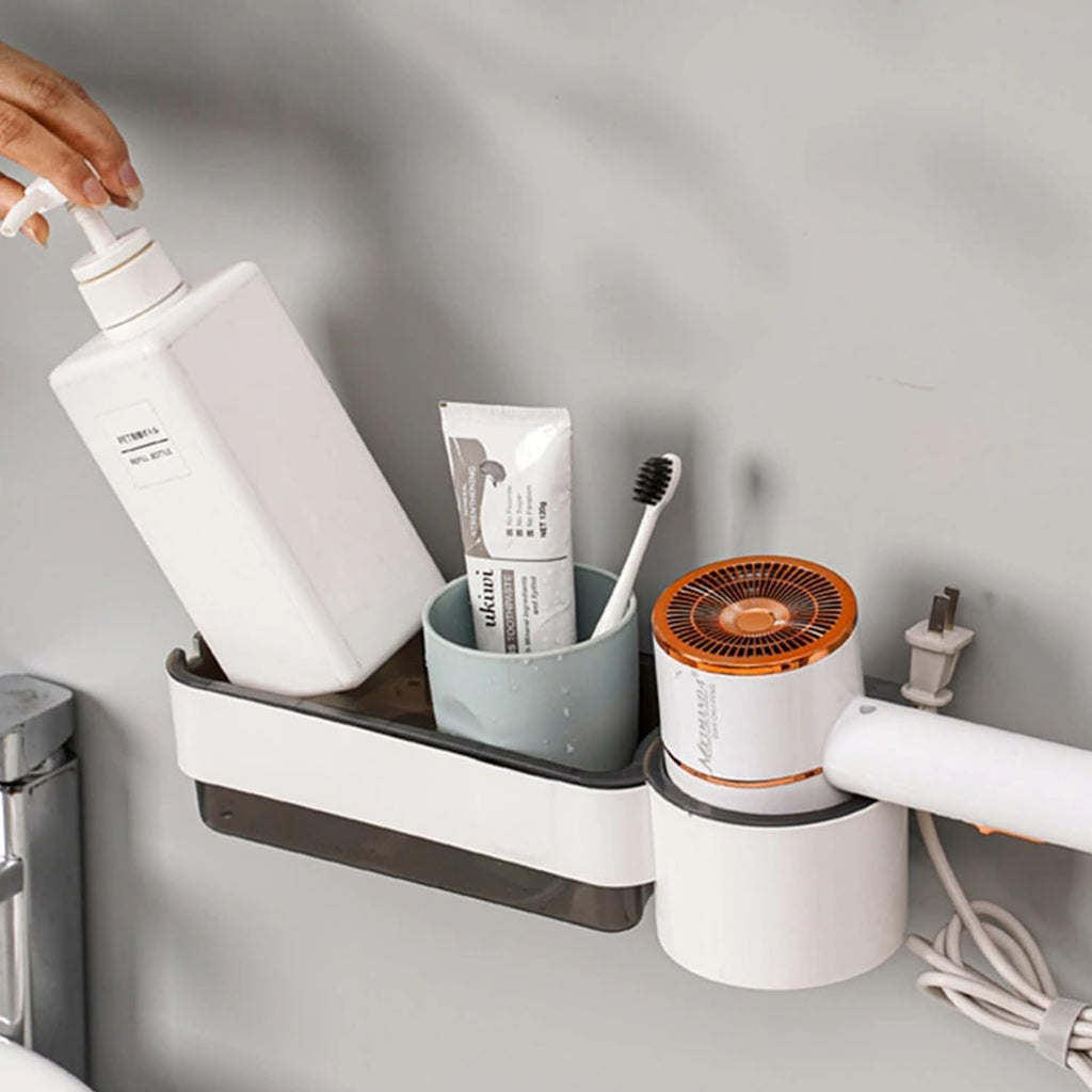 Wall-mounted organizer with toiletries including a bottle, toothpaste, and toothbrush.