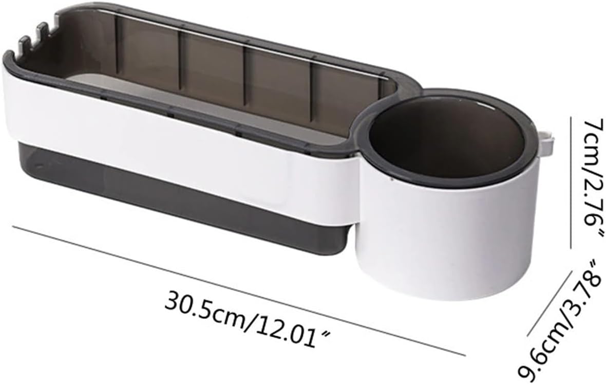 A white and dark gray plastic organizer tray with a cylindrical cup holder attachment, shown on a white background with dimension lines and measurements.