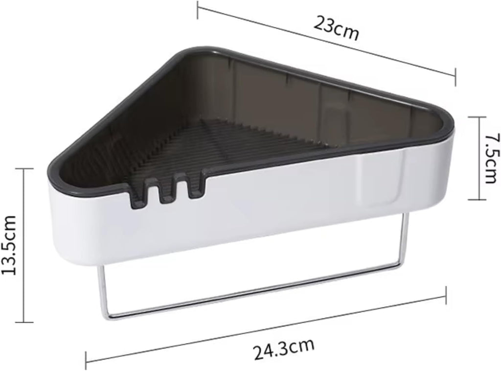 A triangular corner shelf or organizer with a white outer body, dark gray interior, and metal support legs, shown with dimension labels: 23 cm, 7.5 cm, 13.