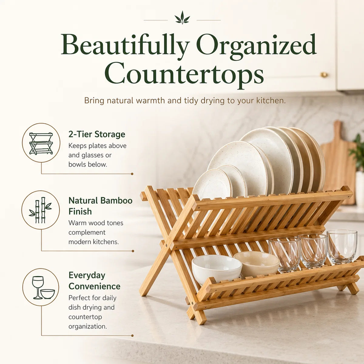 Bamboo dish drying rack with plates and glasses on a kitchen counter, featuring text about its features.