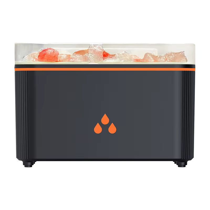 A modern black ice bucket with an orange accent stripe and three orange droplet logos on the front, filled with ice and orange-colored ice cubes, shown on a plain white background.