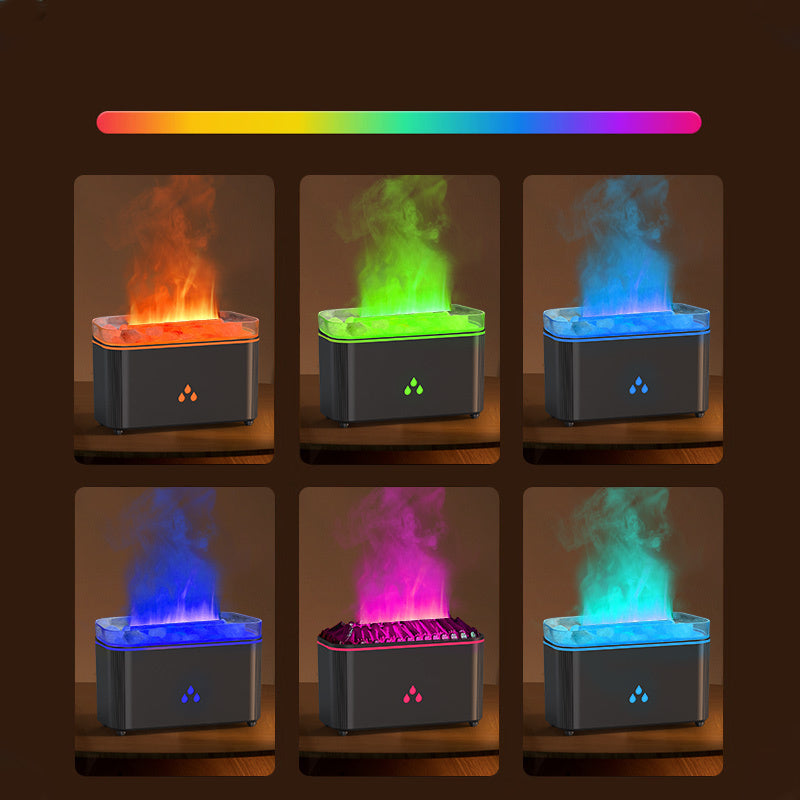 A 6-panel product demonstration showing a small rectangular diffuser or lamp in different illuminated colors: orange, green, blue, purple, cyan, and pink, with smoke rising from the top. A rainbow color strip appears above the panels on a dark brown background.