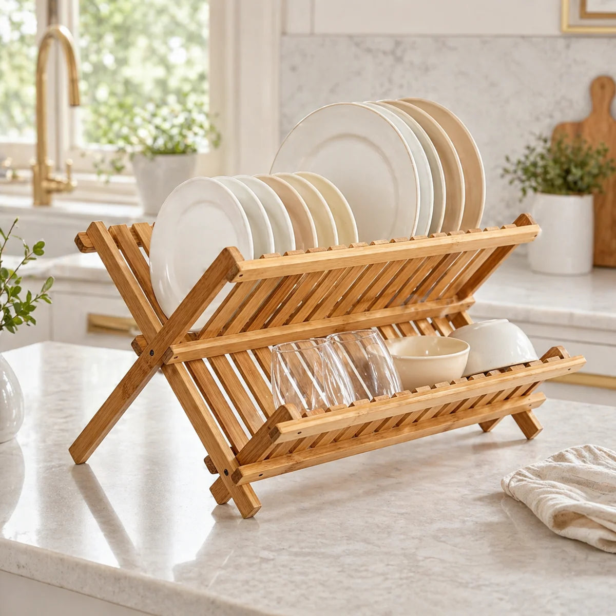 A bamboo foldable dish rack holding white plates, clear drinking glasses, and a small bowl on a light marble kitchen countertop, with a kitchen interior visible in the background.