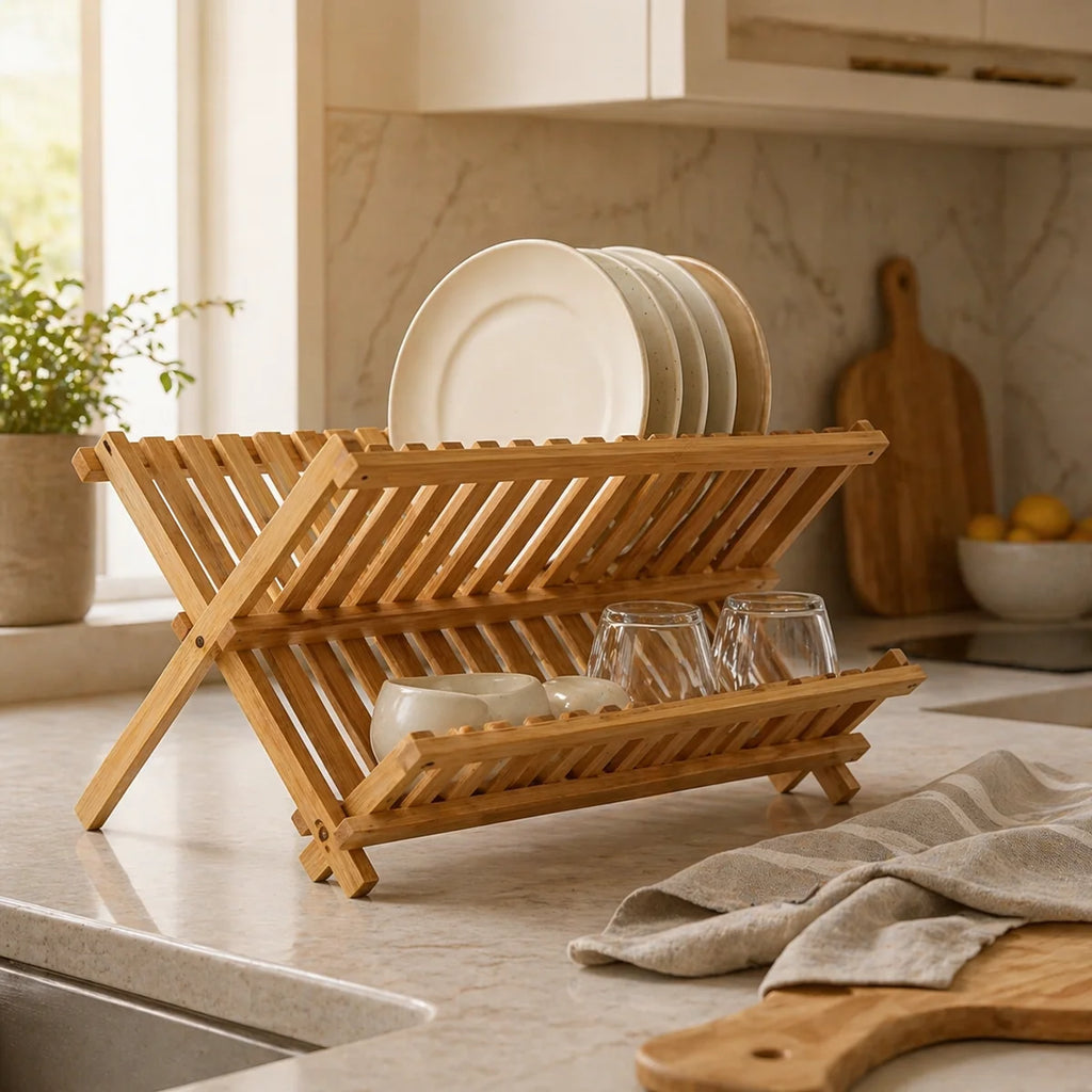 Wooden dish rack with plates and glasses on a kitchen counter