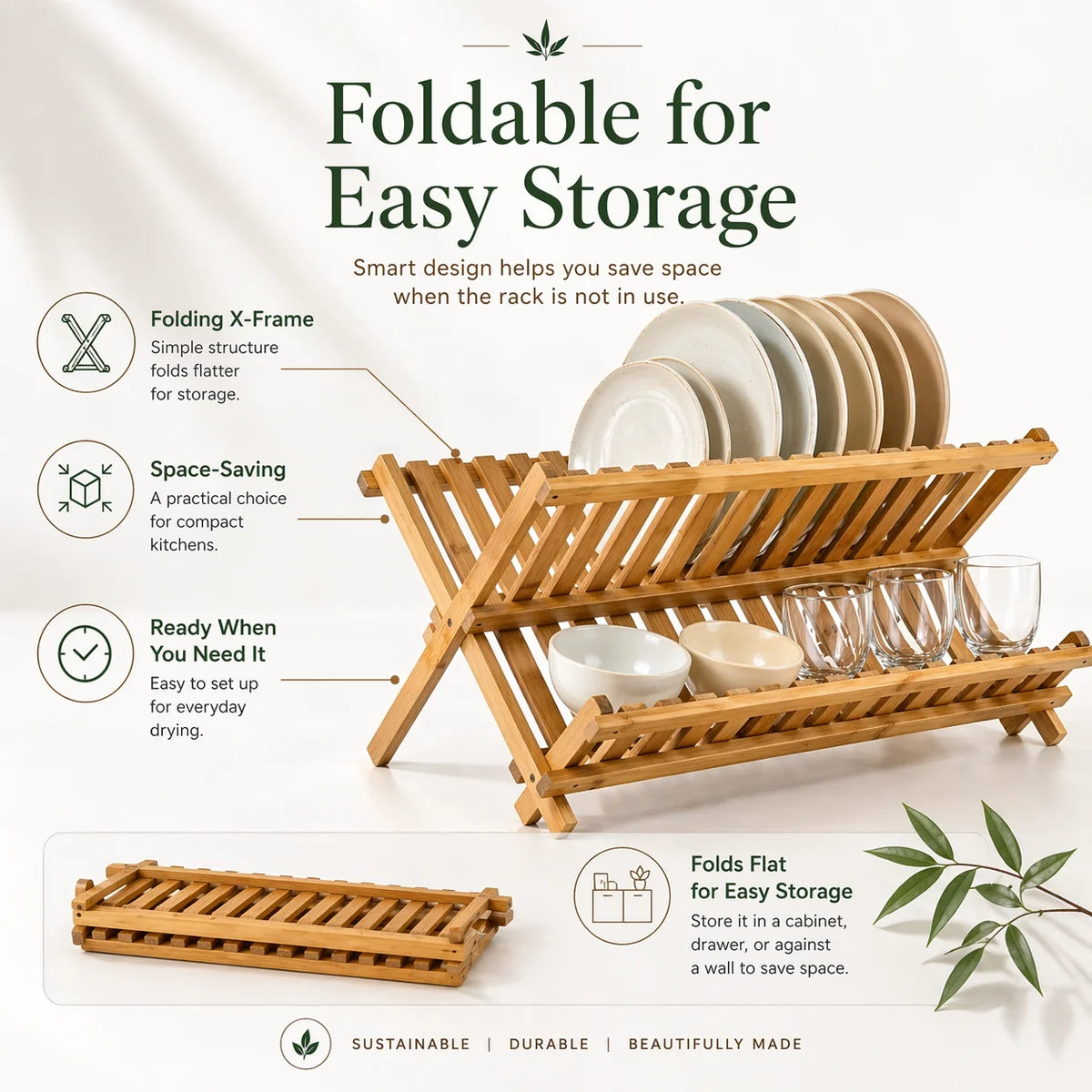A bamboo foldable dish rack shown on a clean white background with marketing text and callout icons explaining its storage-friendly design. The rack is pictured with plates and glasses on the upper and lower tiers, plus a smaller inset at the bottom showing it folded flat.