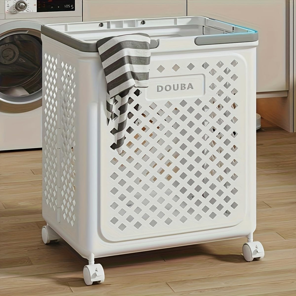 White laundry basket with a striped towel on wheels in a laundry room.