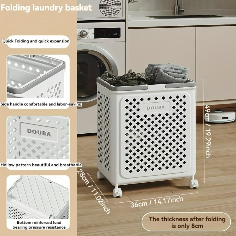 Folding laundry basket with features and dimensions displayed, placed in a kitchen setting.