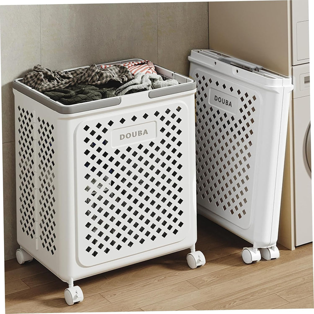 White laundry basket with 'DOUBA' branding on a wooden floor.