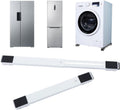 A set of white magnetic door stoppers with black rubber end caps, shown in two long horizontal pieces and two shorter diagonal pieces, alongside stainless steel appliances (a side-by-side refrigerator, a top-freezer refrigerator, and a front-loading washing machine) on a plain white background.