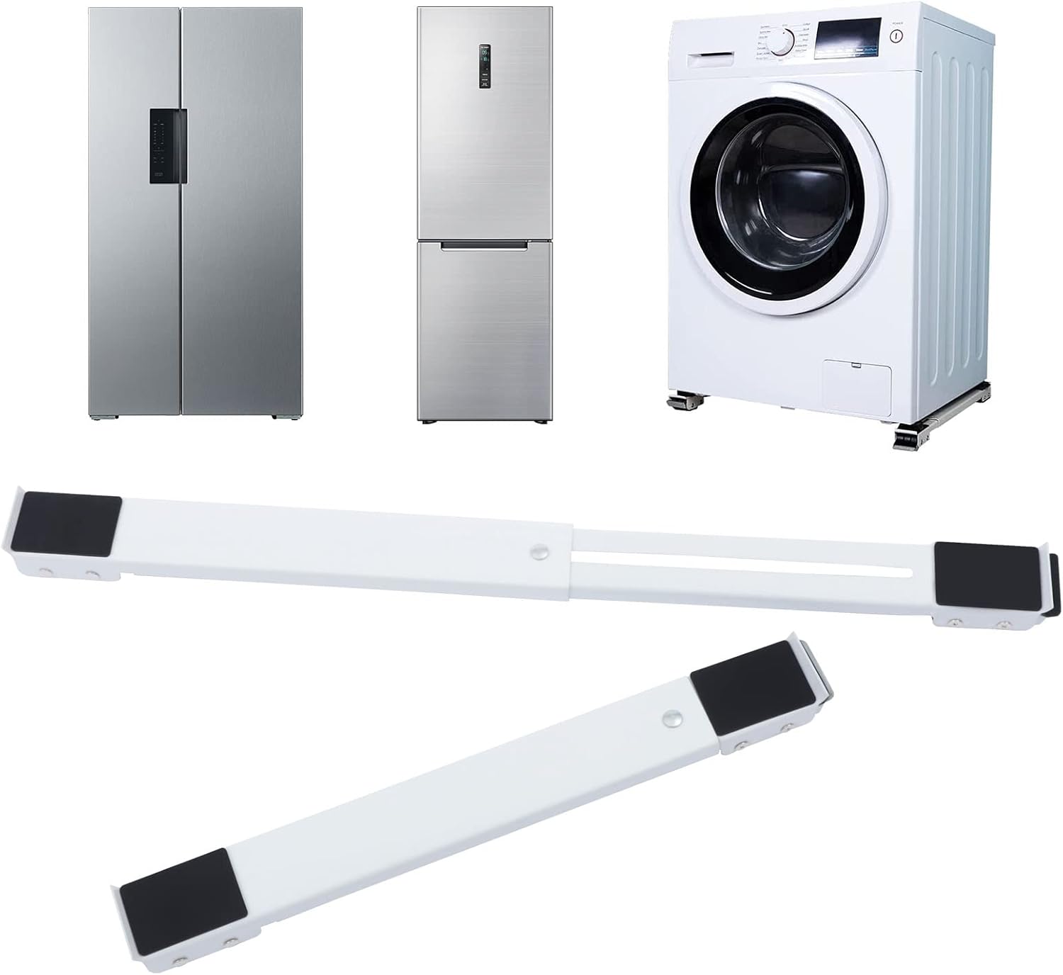 A set of white magnetic door stoppers with black rubber end caps, shown in two long horizontal pieces and two shorter diagonal pieces, alongside stainless steel appliances (a side-by-side refrigerator, a top-freezer refrigerator, and a front-loading washing machine) on a plain white background.