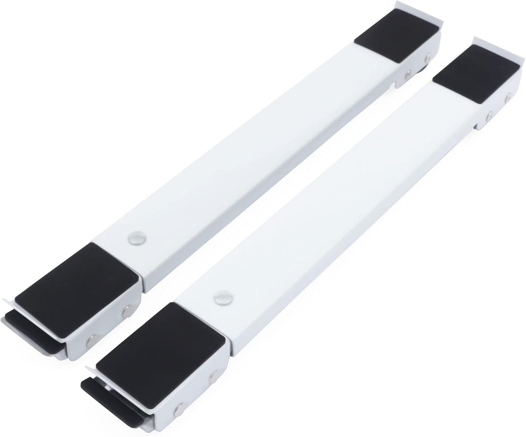 Two long white metal drawer pull handles with black rubber end caps, shown on a plain white background.