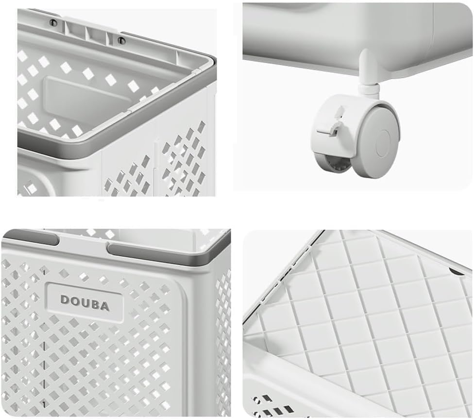 White storage basket with wheels and DOUBA branding, shown from different angles.