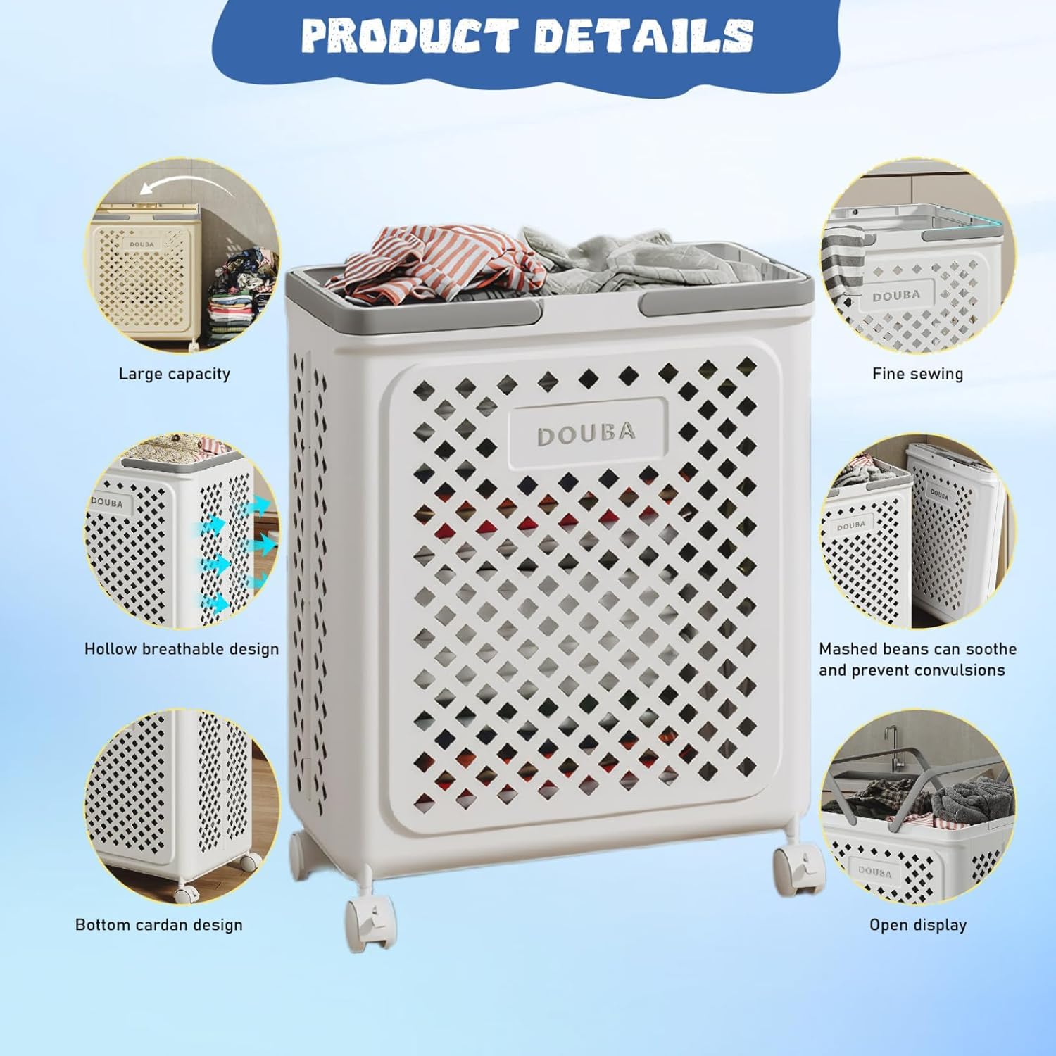 White laundry basket with text detailing features on a light blue background