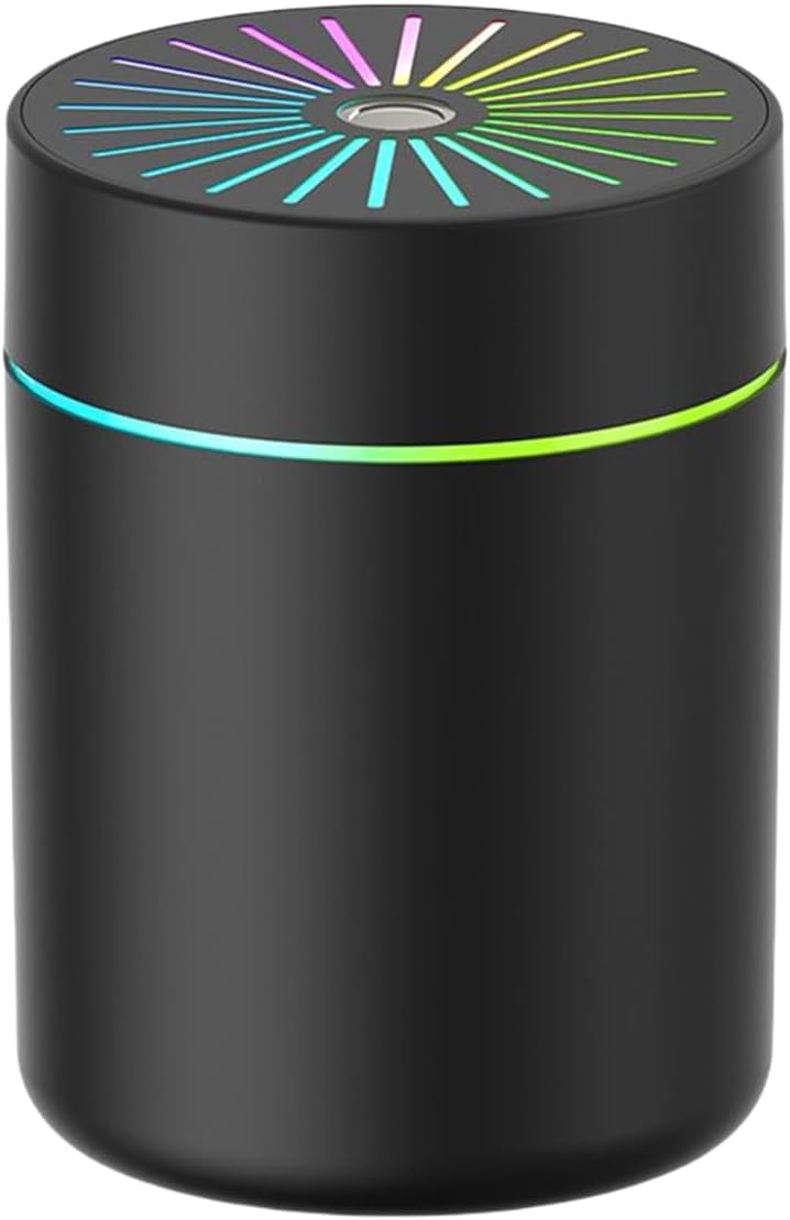 A black cylindrical smart speaker or decorative device with a glowing multicolor LED ring and a colorful sunburst pattern on top, shown on a plain white background.