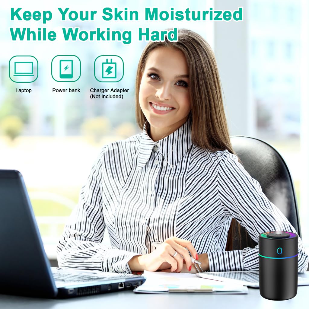 Woman working at a desk with a laptop, smiling, and a moisturizer product on the table.