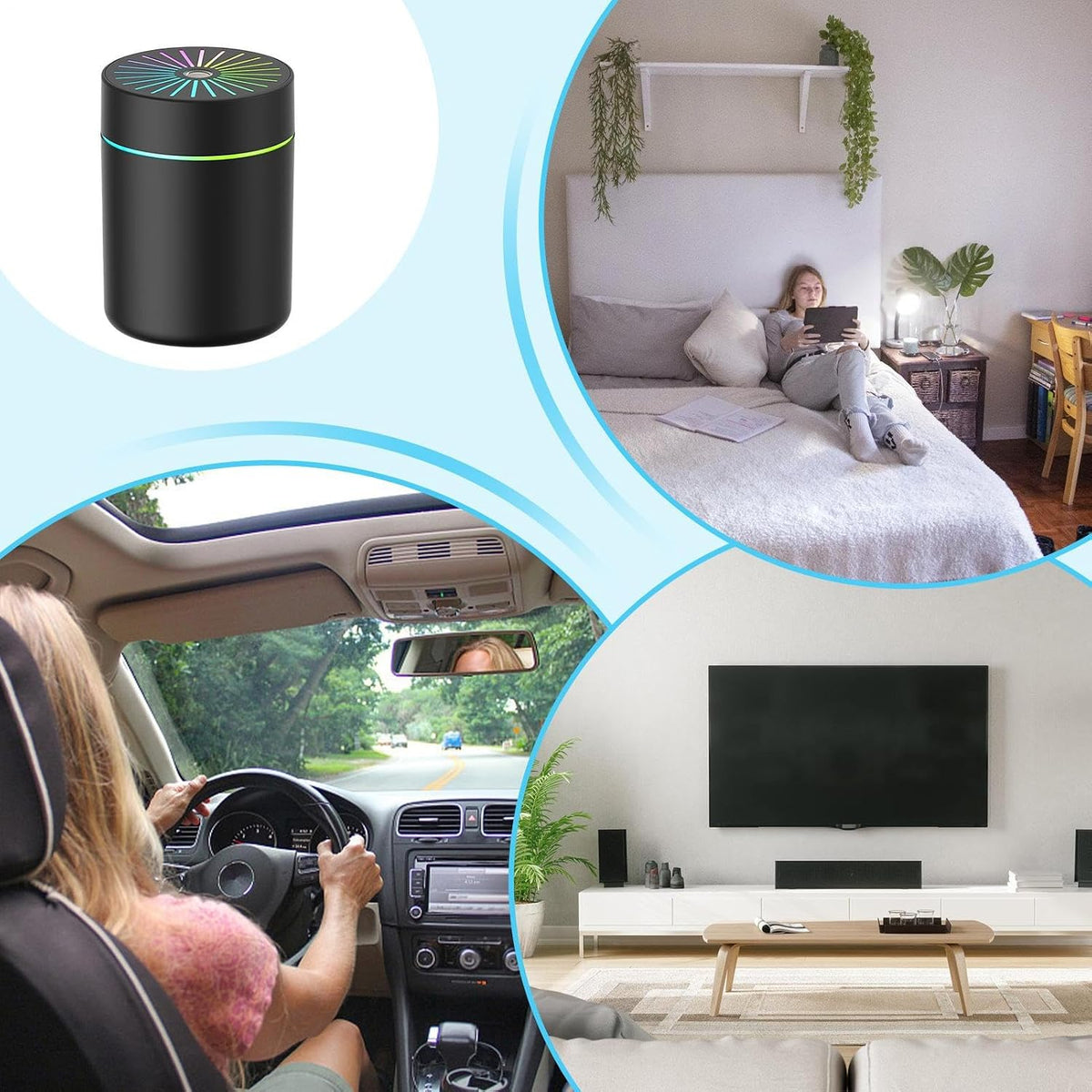 A collage showing a black cylindrical smart speaker or air freshener diffuser with a colorful ring of light around the top, alongside lifestyle scenes including a person reading on a bed, someone driving a car, and a modern living room with a TV.