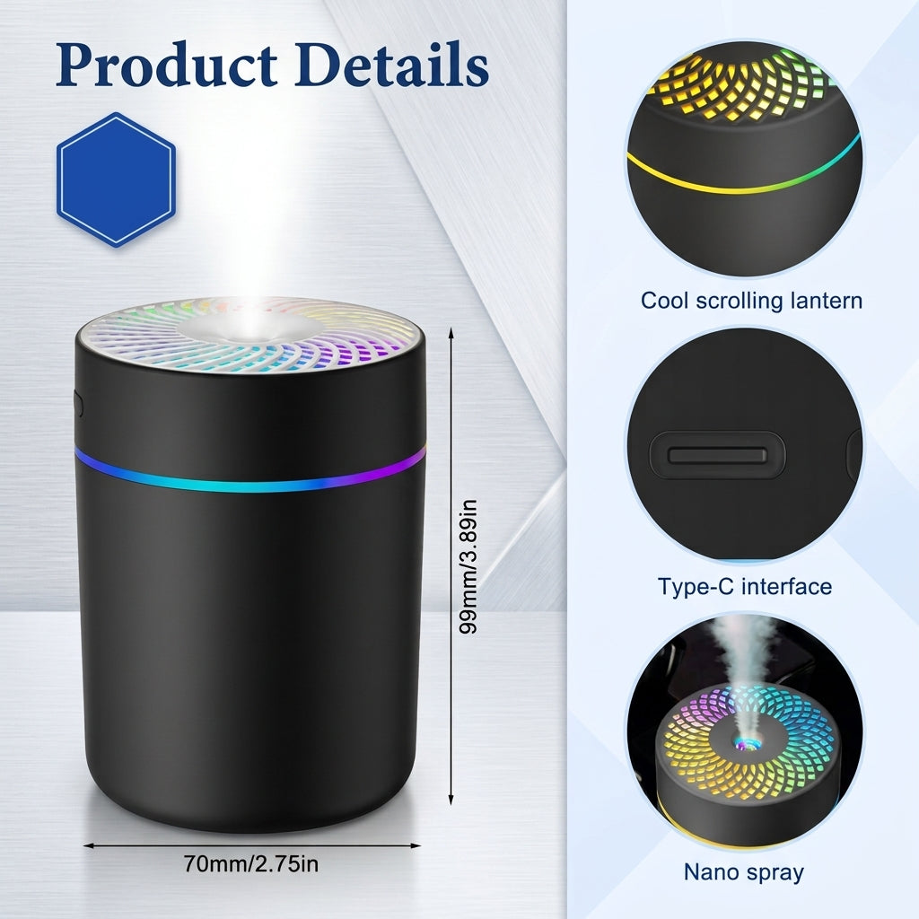 Product details graphic for a black cylindrical humidifier or diffuser with RGB rainbow lighting. The main product is shown on the left with dimensions labeled 70mm/2.