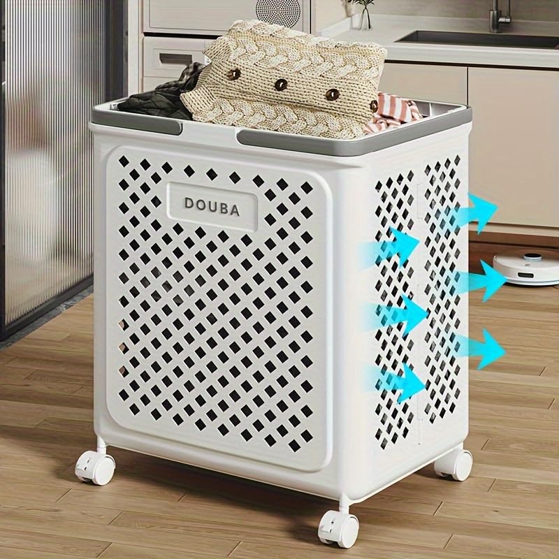 White laundry basket with wheels on a wooden floor in a kitchen setting