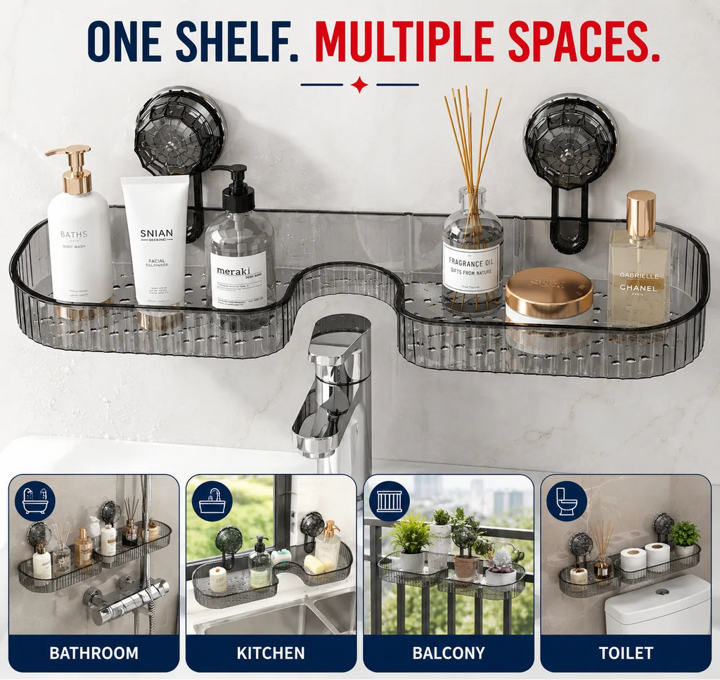 A gray translucent plastic bathroom shelf mounted with two black suction cups above a sink faucet. The shelf holds several bathroom items, including bottles, a reed diffuser, and a round container.