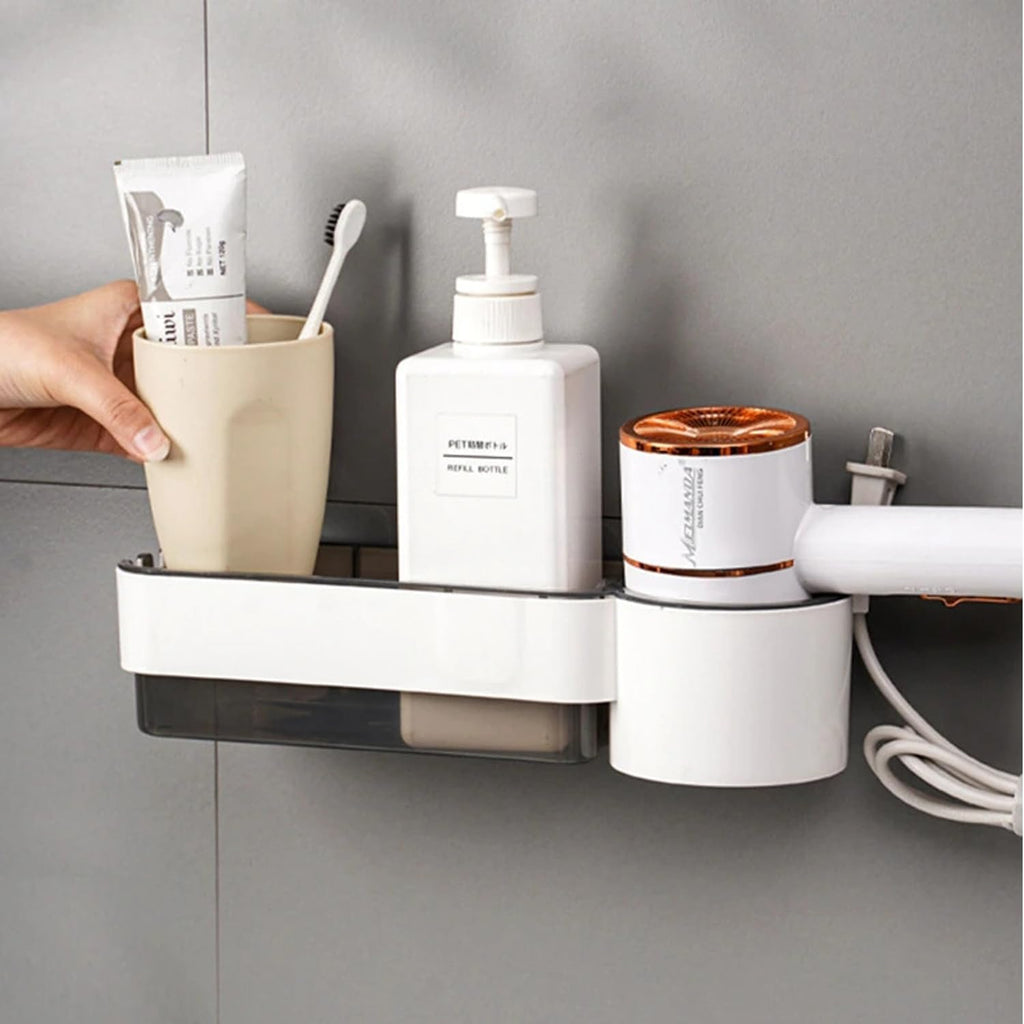 Bathroom shelf with toiletries on a gray wall