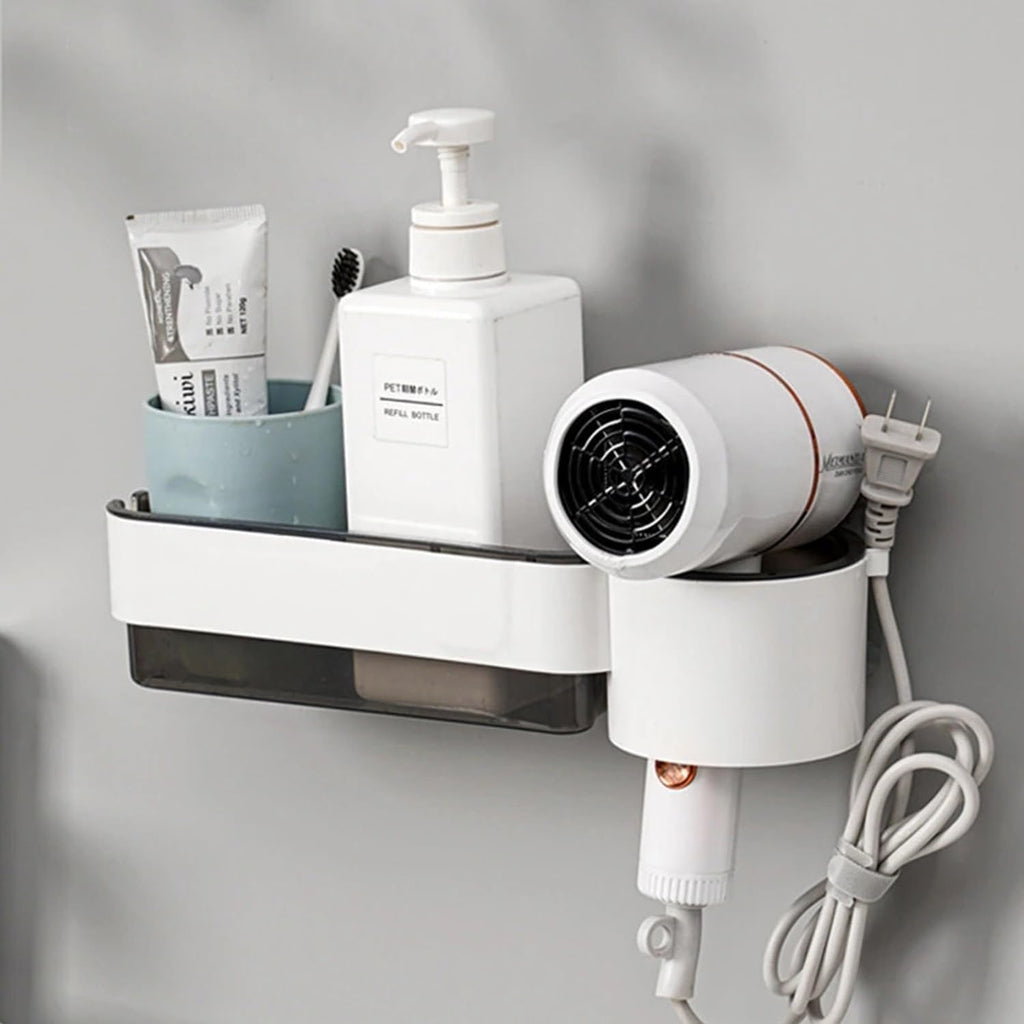 Wall-mounted organizer with toiletries and a hair dryer on a gray background