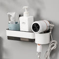Wall-mounted organizer with toiletries and a hair dryer on a gray background