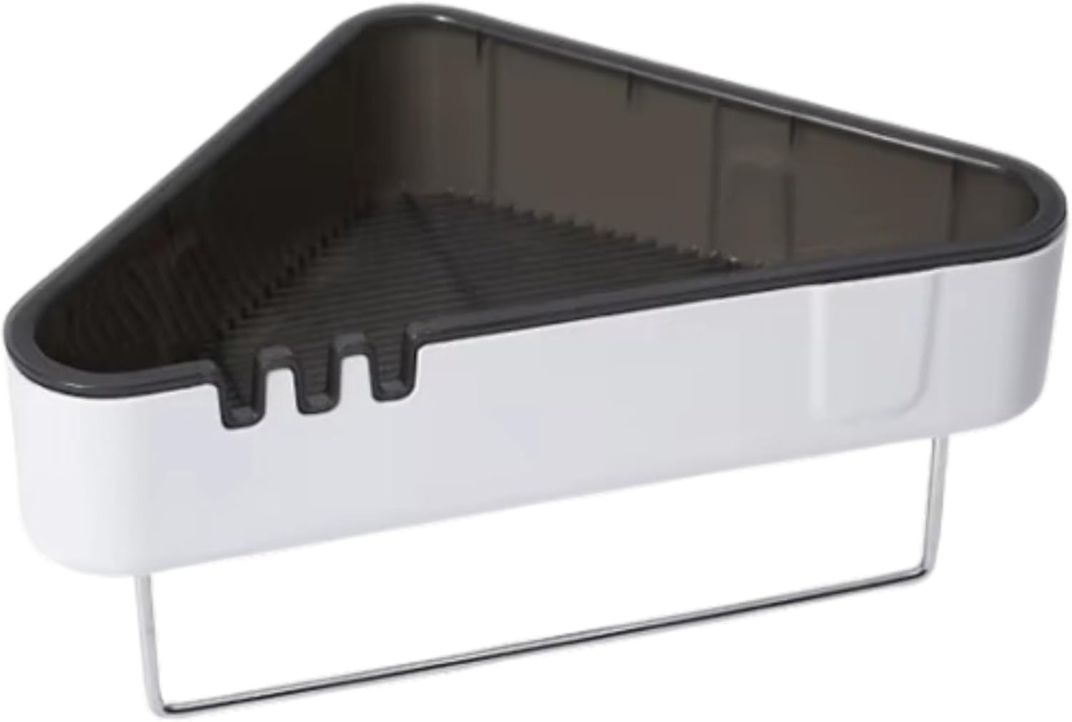 A triangular corner bathroom shelf with a white plastic body, dark gray interior, and a thin metal support leg, shown on a plain white background.