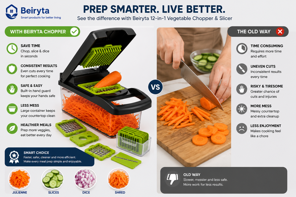 Comparison showing faster and cleaner vegetable preparation using the Beiryta Vegetable Chopper.