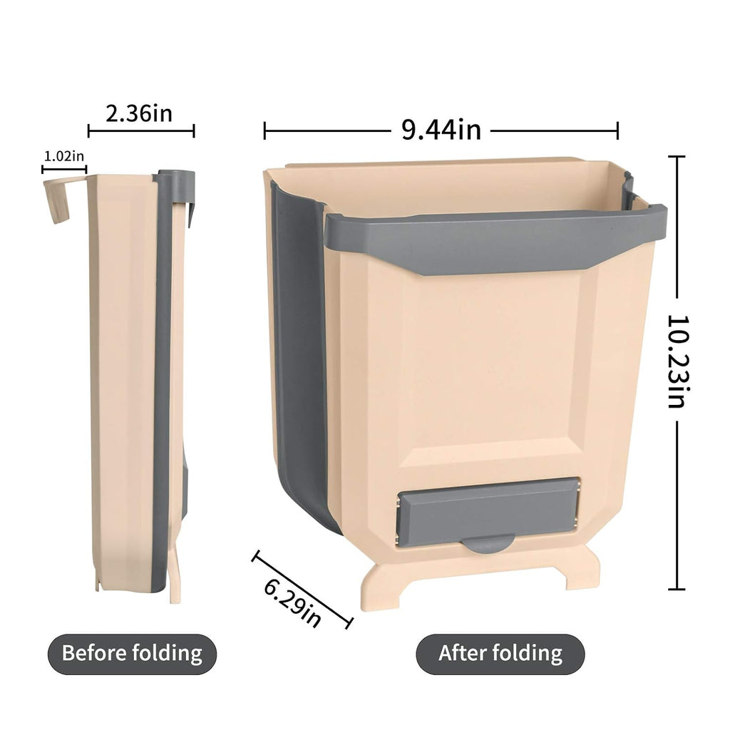 A beige and gray plastic trash can shown with dimension labels and folding states: side view labeled before folding, and front view labeled after folding, on a white background.