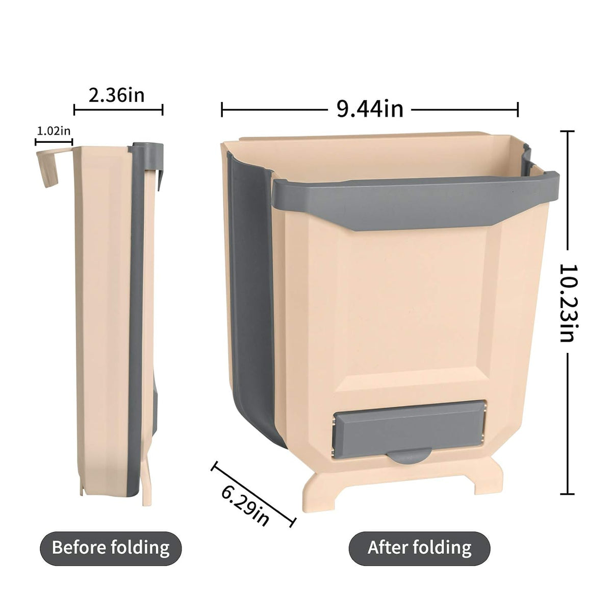 A beige and gray plastic trash can shown with dimension labels and folding states: side view labeled before folding, and front view labeled after folding, on a white background.