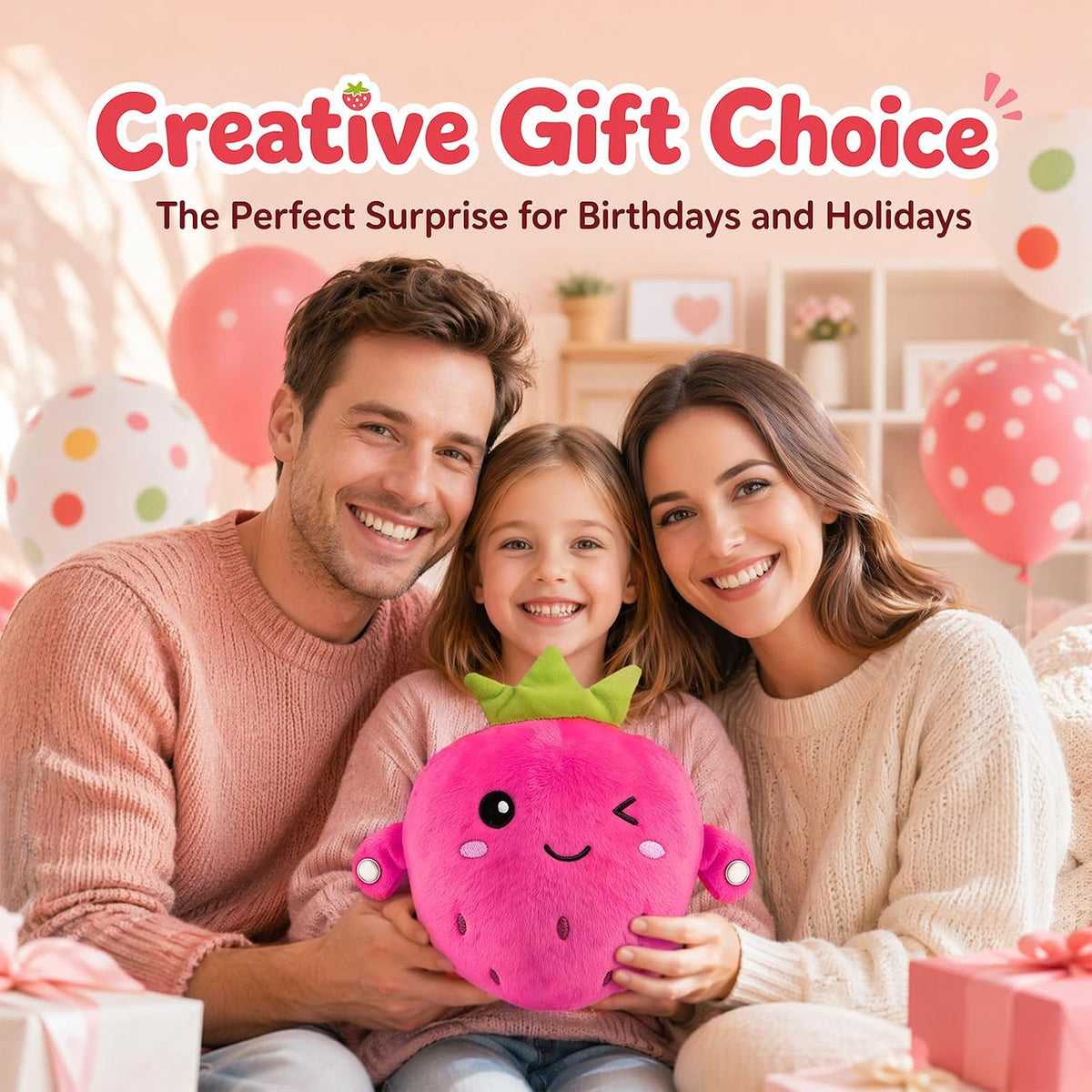A smiling family of three sits together indoors holding a bright pink strawberry-shaped plush toy. The scene has balloons, gift boxes, and large text at the top reading 'Creative Gift Choice' and 'The Perfect Surprise for Birthdays and Holidays.