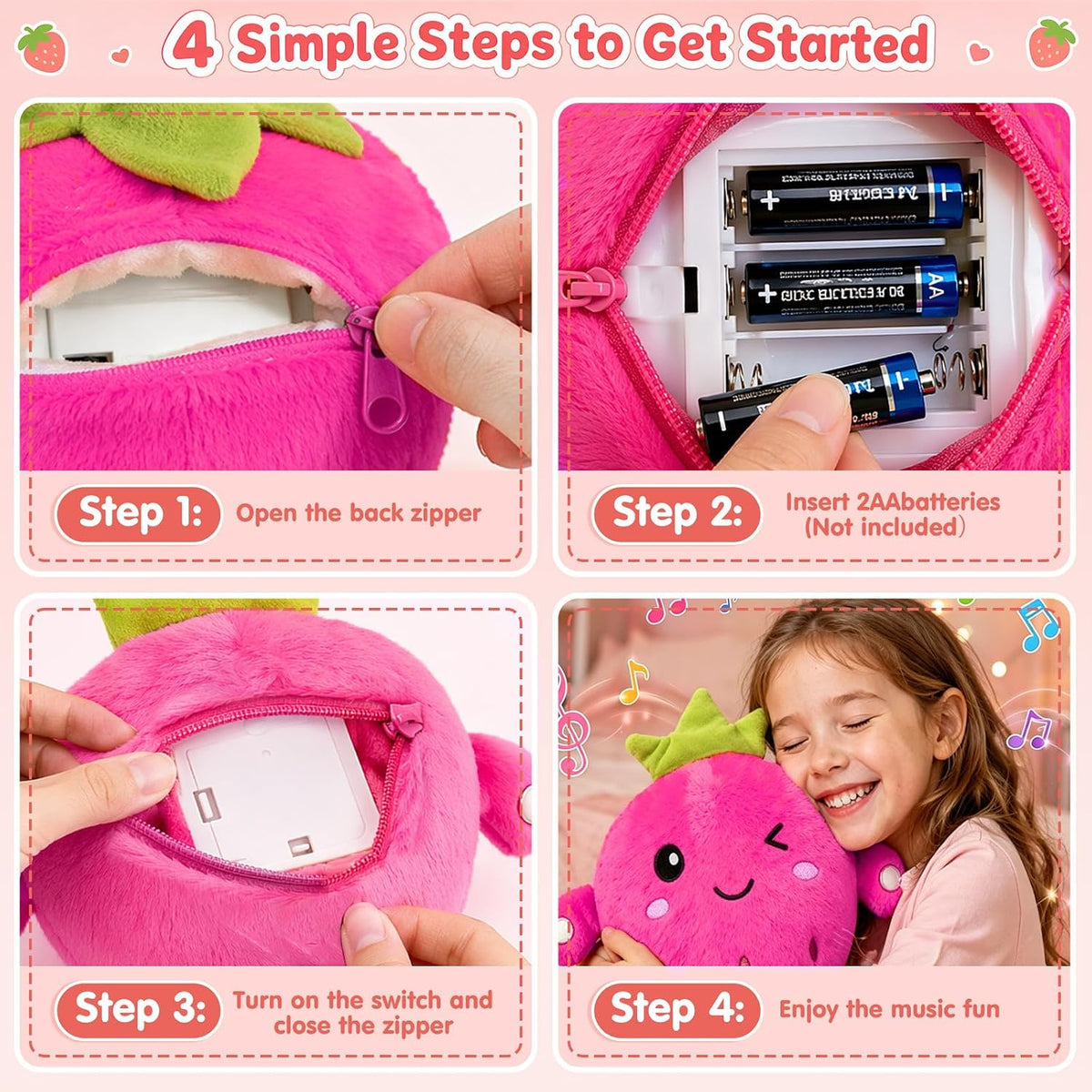 A four-panel instructional graphic showing how to use a pink strawberry-shaped plush music box pouch. Step 1 shows opening the back zipper, Step 2 shows inserting batteries (not included), Step 3 shows turning on the switch and closing the zipper, and Step 4 shows a child smiling while holding the pink plush music box.