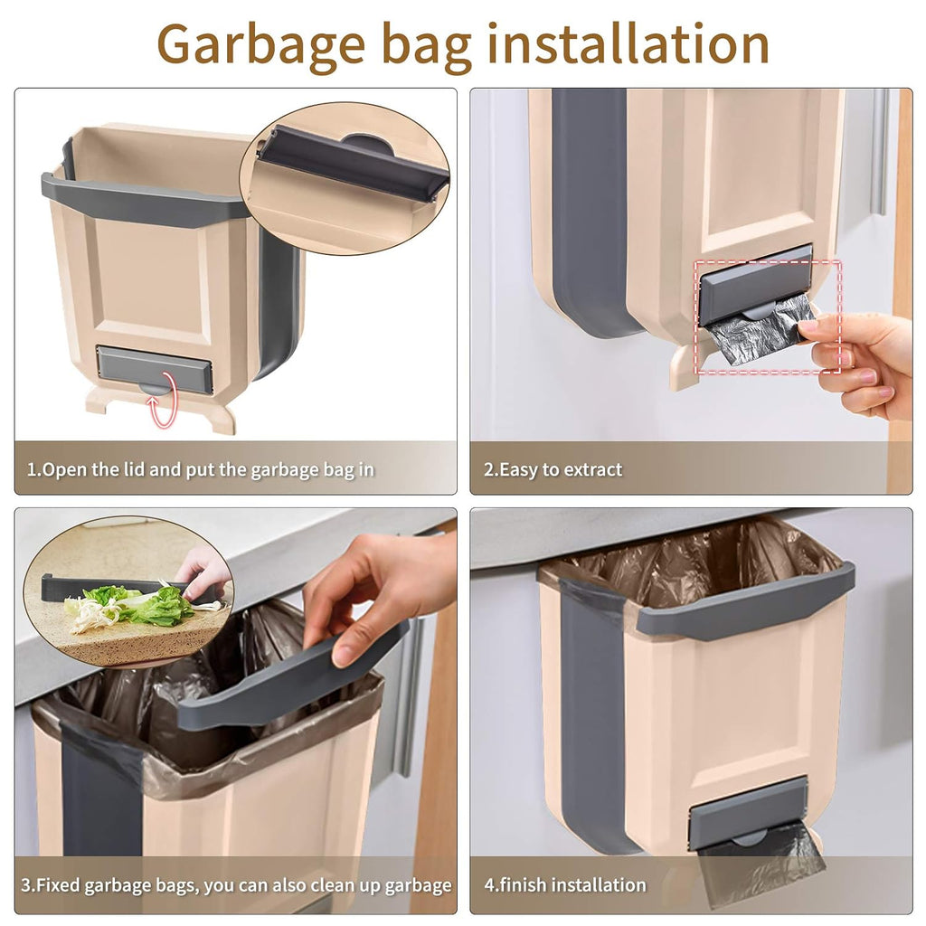 Four-panel installation guide for a countertop garbage bag dispenser. The beige and dark gray plastic bin with a foot pedal and pull-out bag opening is shown in steps, including a close-up of the lid, extraction of a bag, hanging on a counter, and a bag being pulled out by a hand.