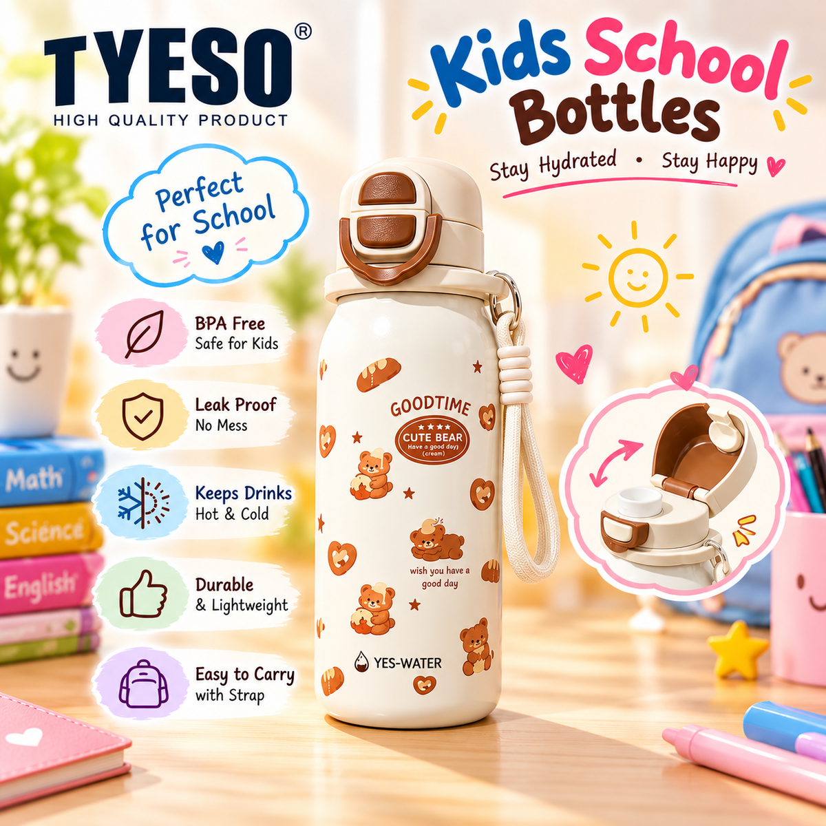 TYESO Kids 460ml Insulated Water Bottle with Strap