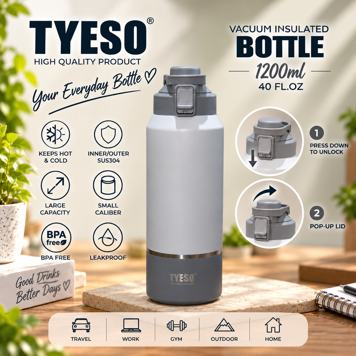 TYESO 1200ml Vacuum Insulated Bottle with Folding Handle