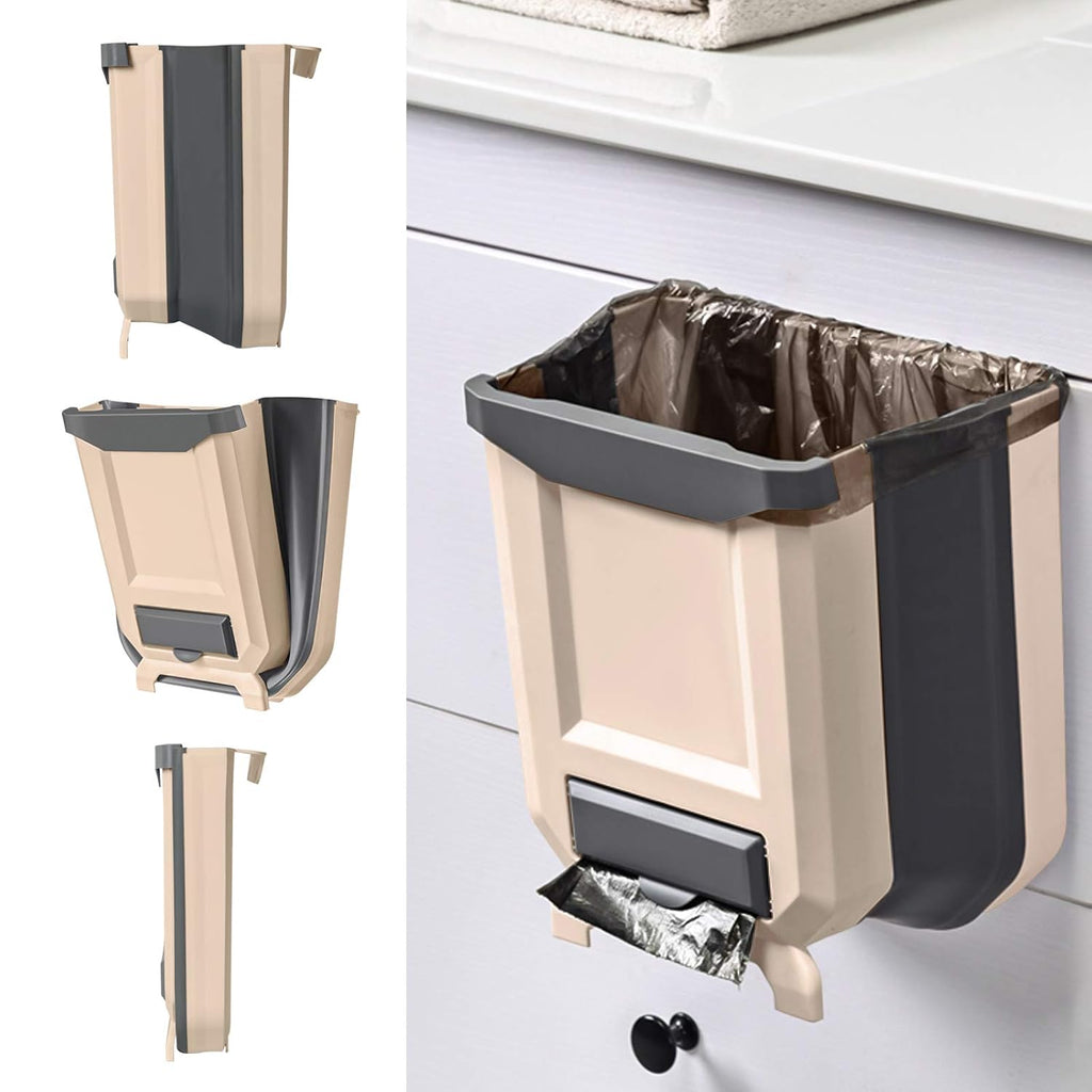 A beige and dark gray wall-mounted hanging trash can with a liner and pull-out lid, shown in multiple views including side, front, and top-down angles, plus one installed on a bathroom cabinet.